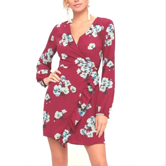 Lulus Dresses & Skirts - Lulus Fascinating Fun Burgundy Floral Print Long Sleeve Ruffle Front Wrap Dress